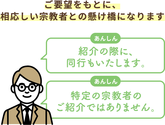 ご要望をもとに、相応しい宗教者との懸け橋になります 紹介の際に、同行もいたします。特定の宗教者のご紹介ではありません。